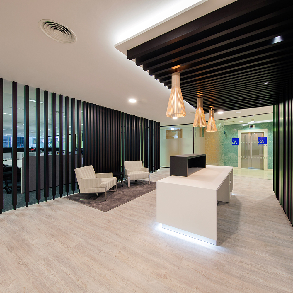 Modern office reception area with contemporary design at AG Insurance Cat B fit out